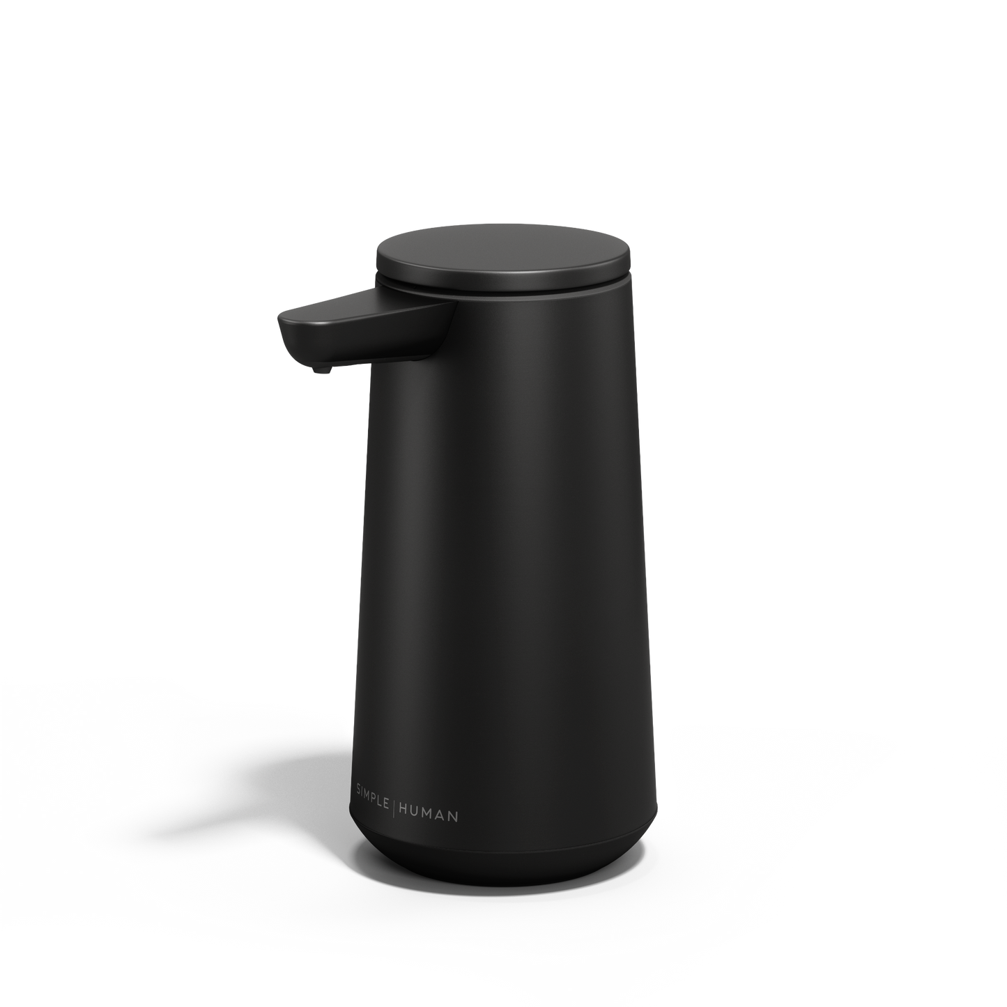 Simplehuman Matte Black Sensor Pump Foam, Angled view, touch-free foam dispensing, drip-free design.
