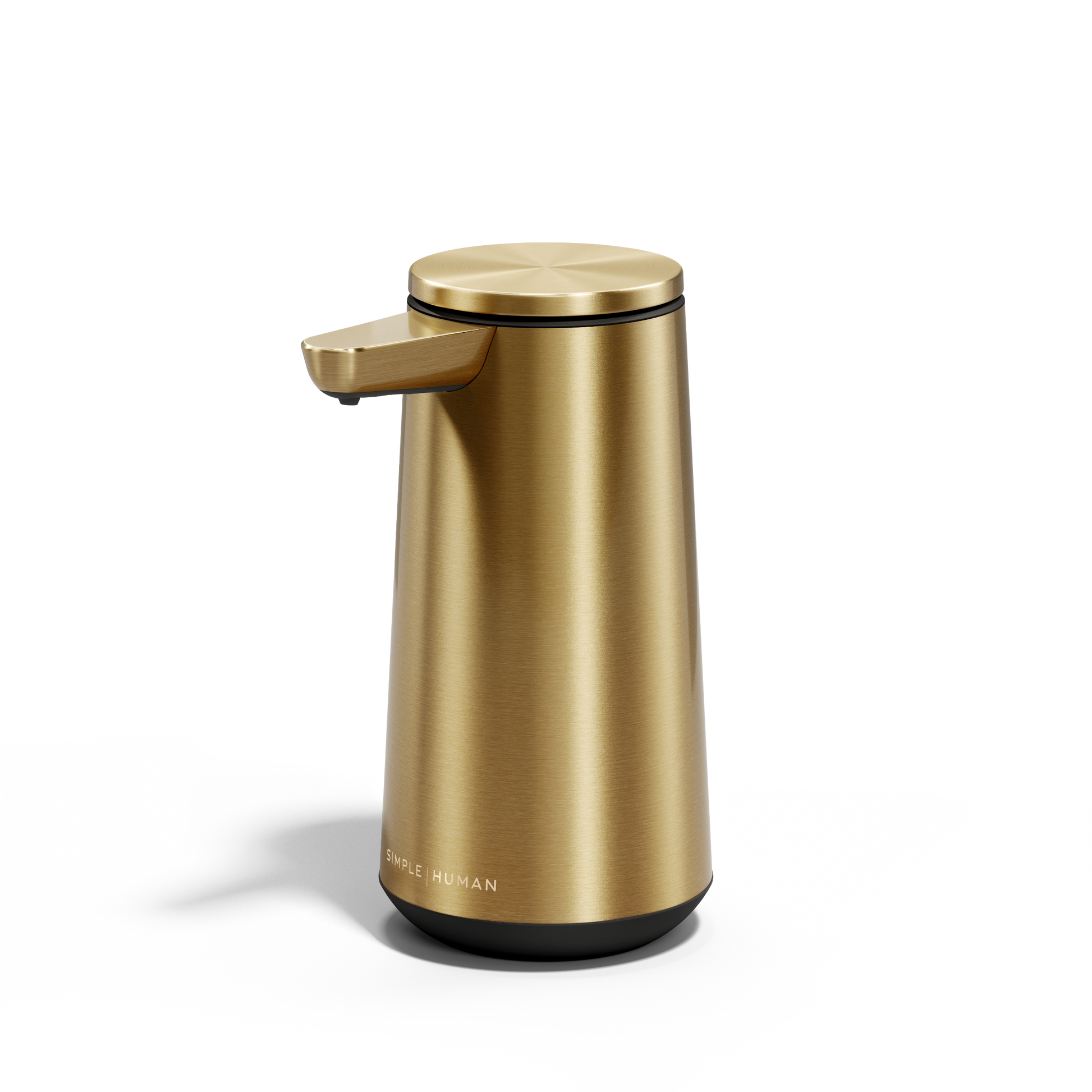 Isolated angled view of Simplehuman Brushed Brass Sensor Pump Foam, touch-free, drip-free foam dispensing.
