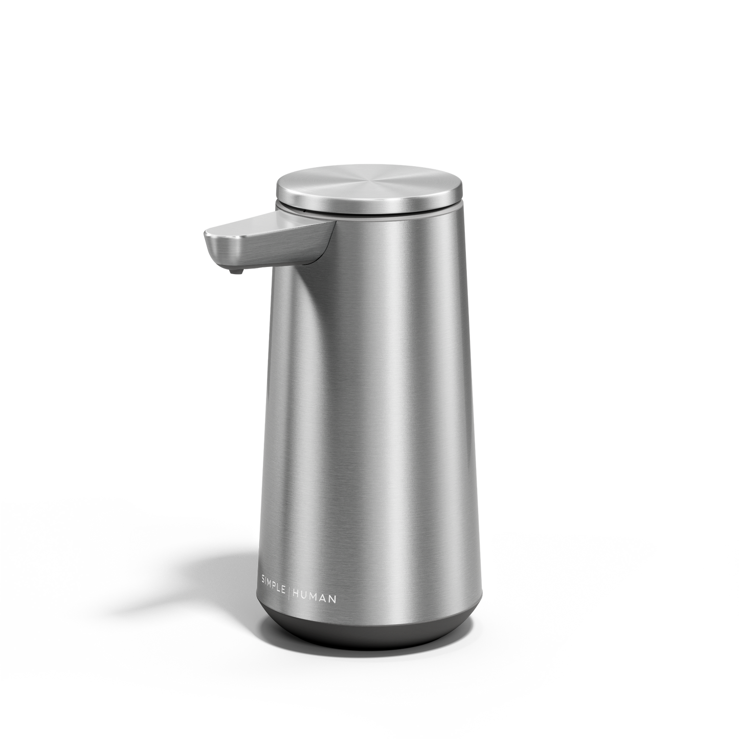 Angled view of Simplehuman Sensor Pump Foam in Brushed Stainless Steel, touch-free operation.