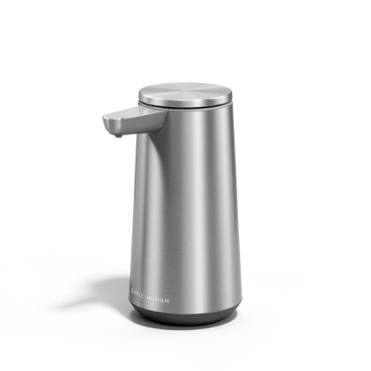 Angled view of Simplehuman Sensor Pump Foam in Brushed Stainless Steel, touch-free operation.