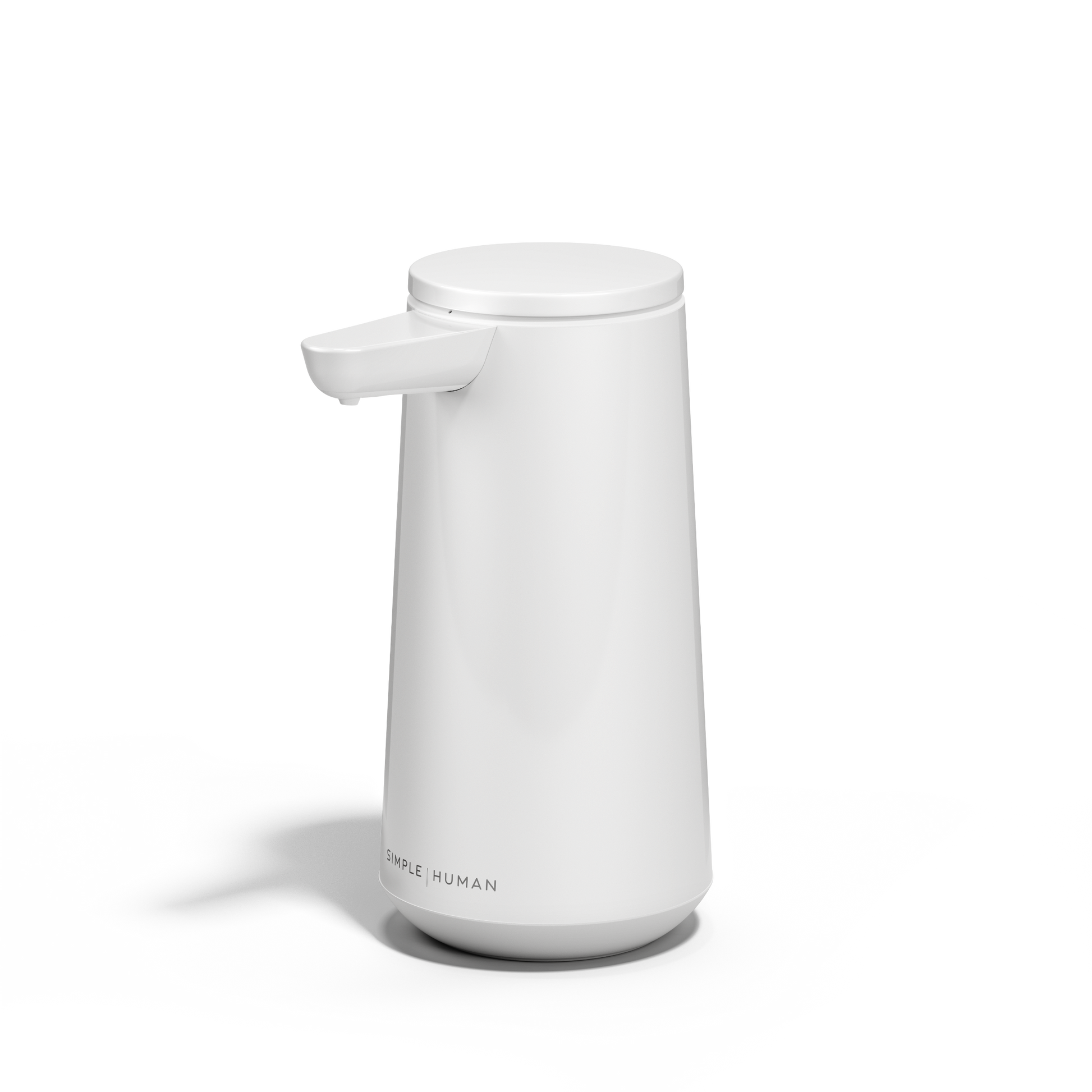 Simplehuman White Sensor Pump Foam, Angled view, touch-free foam dispensing, drip-free design.