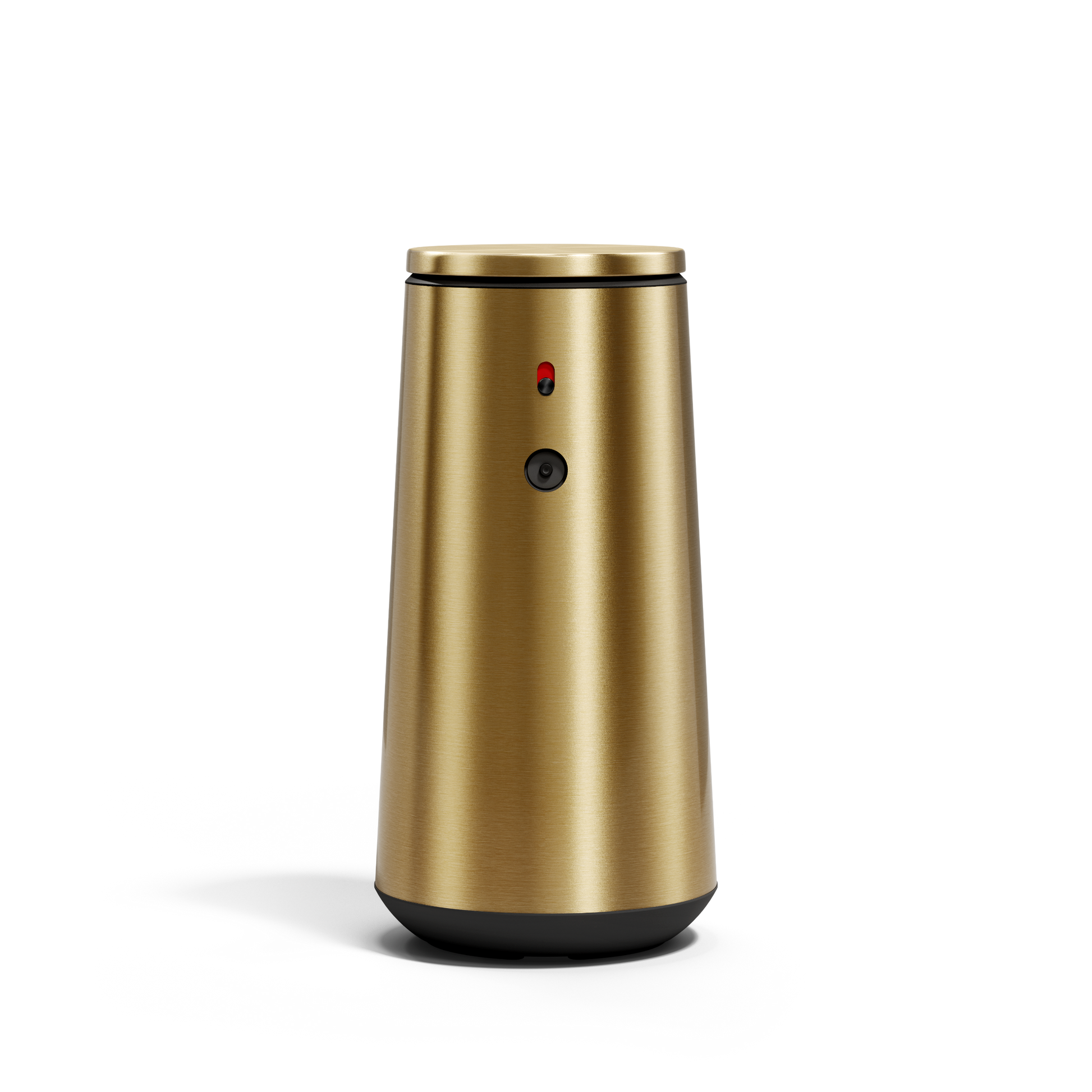 Simplehuman Brushed Brass Sensor Pump Foam, isolated straight front view showing sensor and indicator light, touch-free.