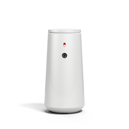 Straight-on view of Simplehuman White Sensor Pump Foam with visible sensor and dose control switch, touch-free dispensing.