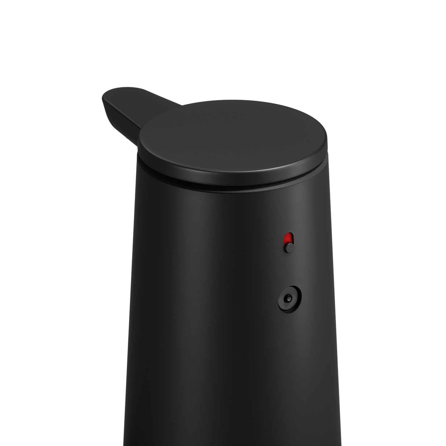 Close-up of Simplehuman Matte Black Sensor Pump Foam showing the power switch and control dial for touch-free use.