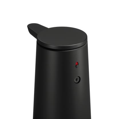 Close-up of Simplehuman Matte Black Sensor Pump Foam showing the power switch and control dial for touch-free use.
