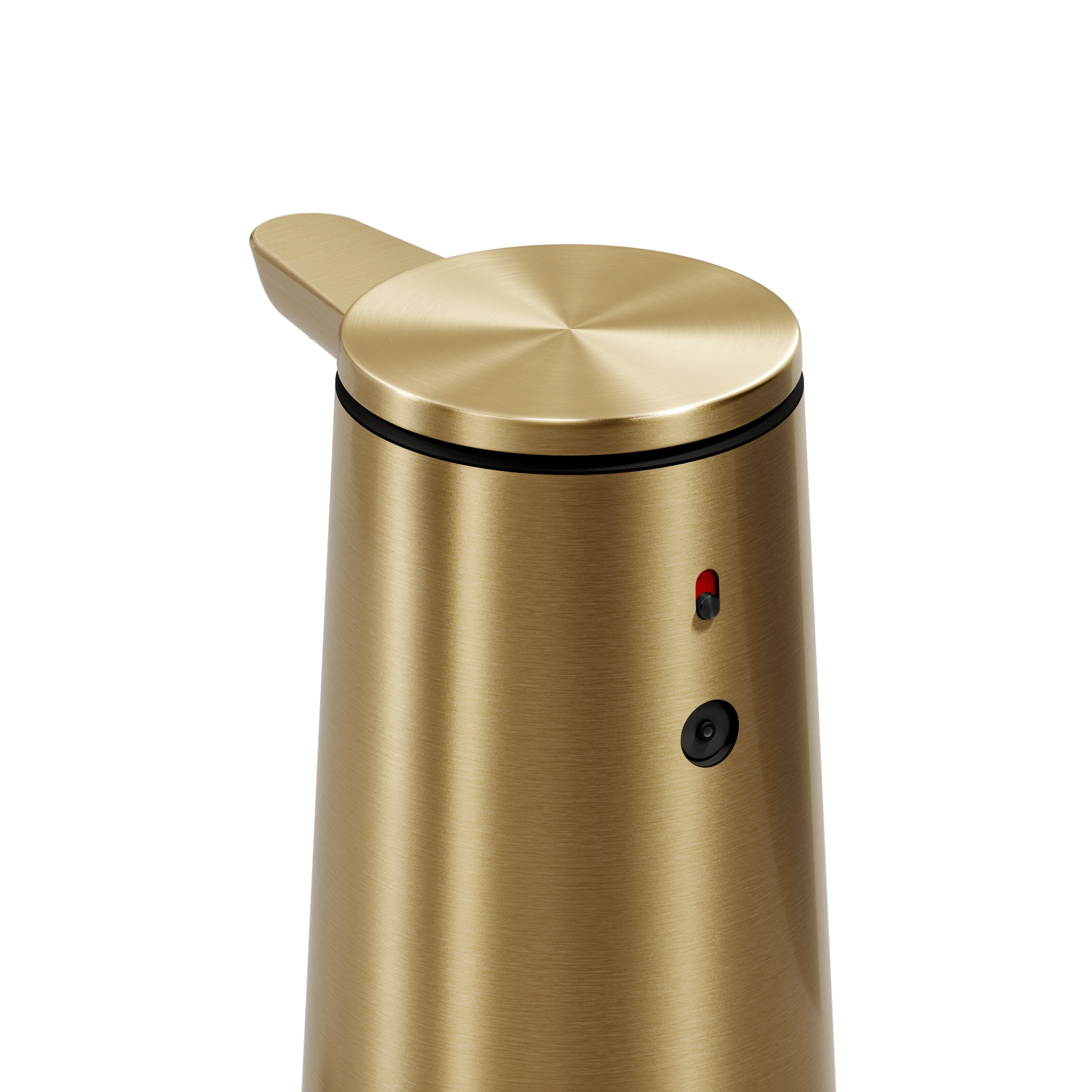 Detail view of Simplehuman Brushed Brass Sensor Pump Foam body, showing the sensor and red indicator light for touch-free use.