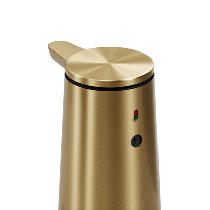 Detail view of Simplehuman Brushed Brass Sensor Pump Foam body, showing the sensor and red indicator light for touch-free use.