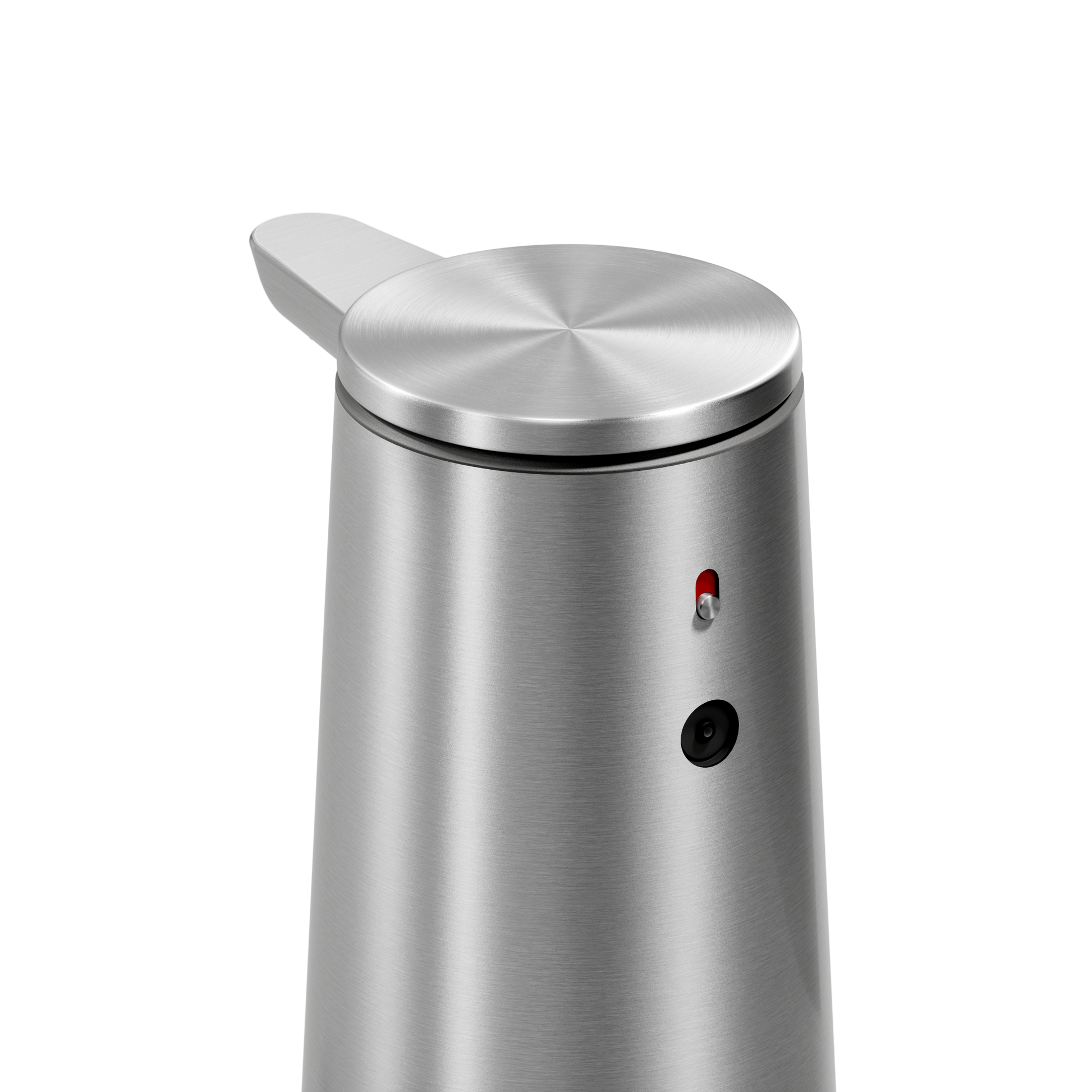 Detail view of Simplehuman Brushed Stainless Steel Sensor Pump Foam showing the sensor eye and indicator light for touch-free use.