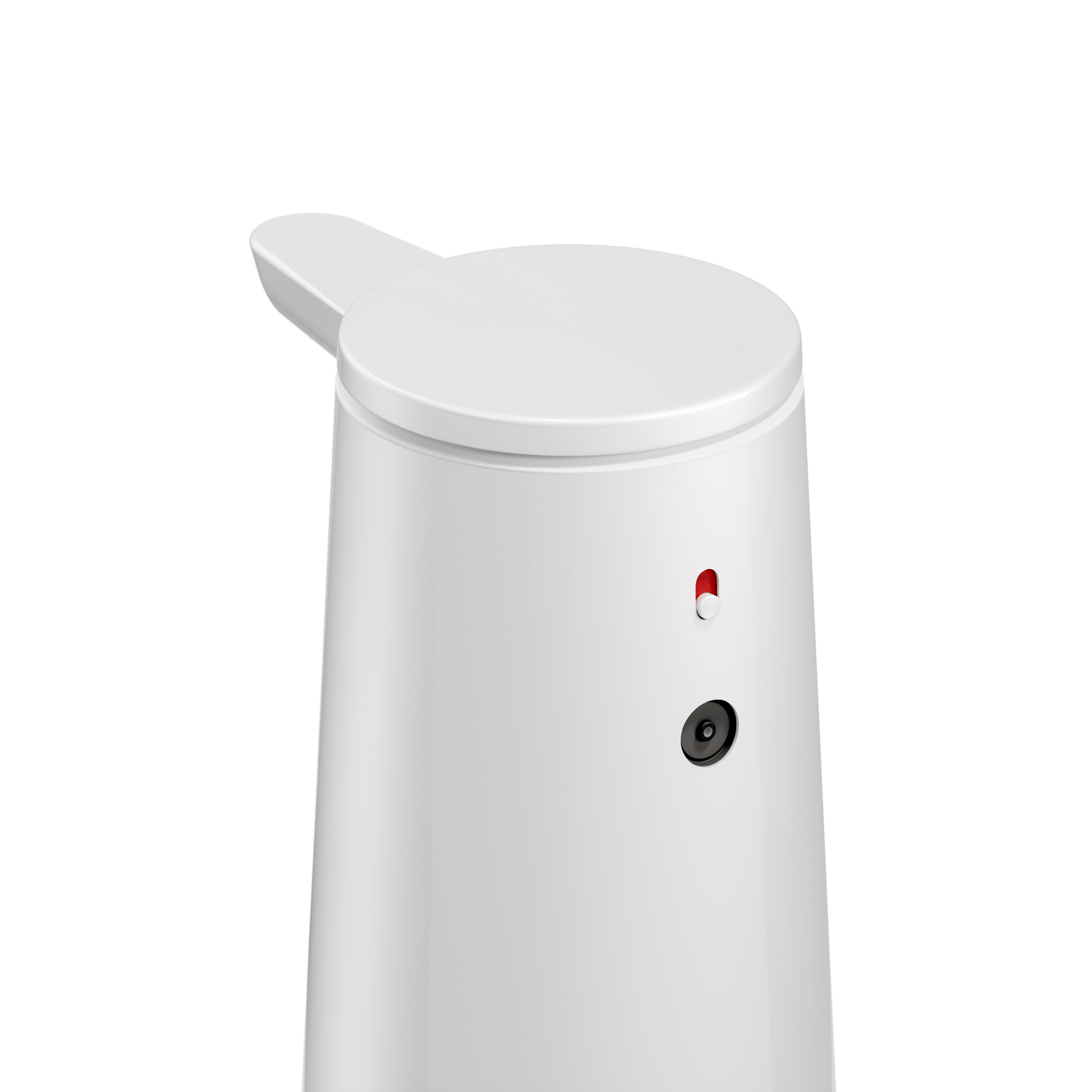 Close-up detail of Simplehuman White Sensor Pump Foam top controls, showing the power switch and sensor for touch-free operation.