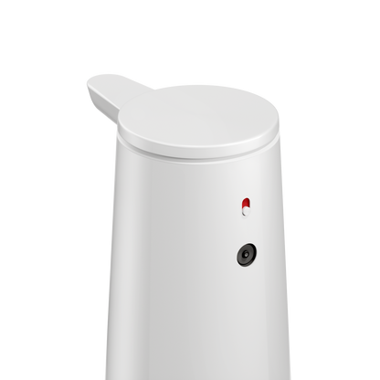 Close-up detail of Simplehuman White Sensor Pump Foam top controls, showing the power switch and sensor for touch-free operation.