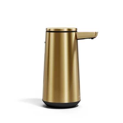 Side view of Simplehuman Brushed Brass Sensor Pump Foam, touch-free foam dispensing, drip-free nozzle.