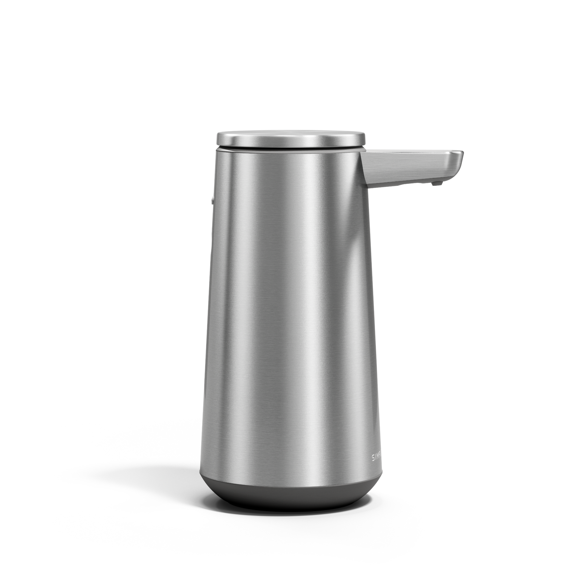 Side view of Simplehuman Sensor Pump Foam in Brushed Stainless Steel, touch-free foam dispensing.