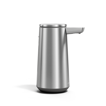 Side view of Simplehuman Sensor Pump Foam in Brushed Stainless Steel, touch-free foam dispensing.