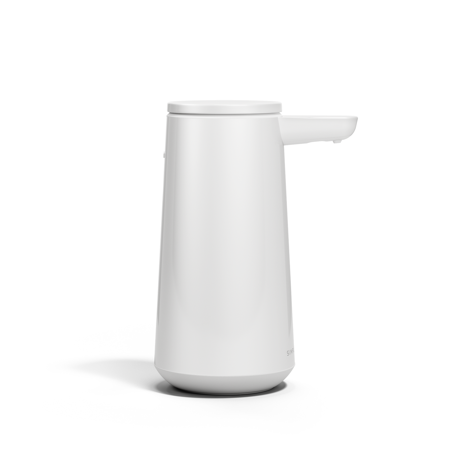 Side view of Simplehuman White Sensor Pump Foam, touch-free operation and drip-free nozzle.