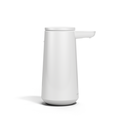 Side view of Simplehuman White Sensor Pump Foam, touch-free operation and drip-free nozzle.