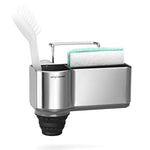 Simplehuman Brushed Stainless Steel Sink Caddy with integrated drainage spout, organizes sponges and brushes.