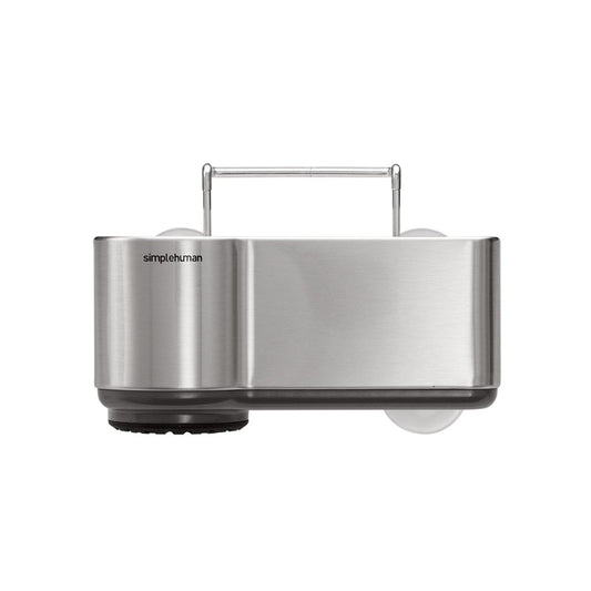 Front view of Simplehuman Brushed Stainless Steel Sink Caddy showing suction cups and wire hanger for secure mounting.