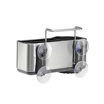 Detail view: Simplehuman Brushed Stainless Steel Sink Caddy showing dual suction cup and wire hook mounting.