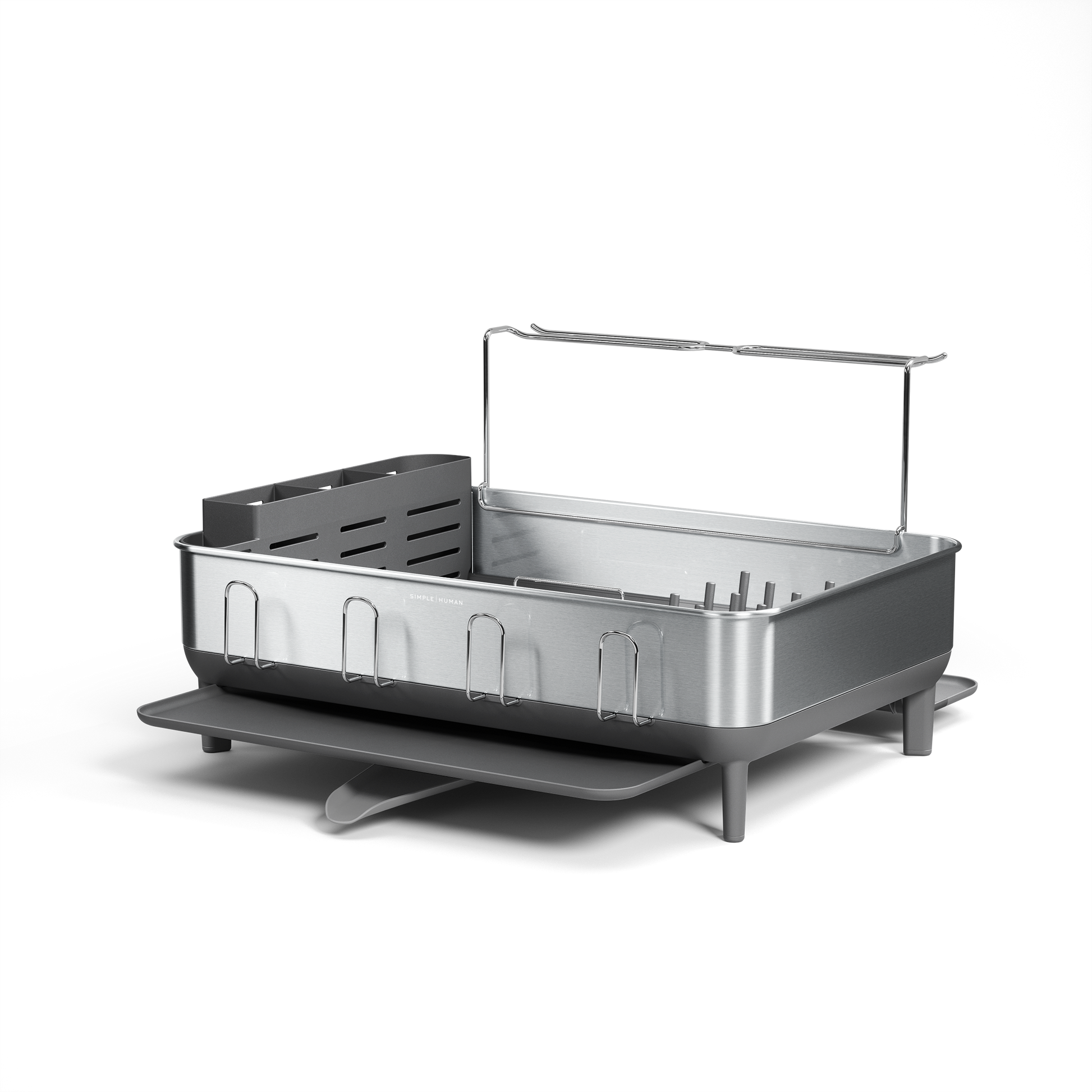 Angled view of Simplehuman Brushed Stainless Steel Dishrack, featuring a removable utensil caddy and pivoting drain spout.