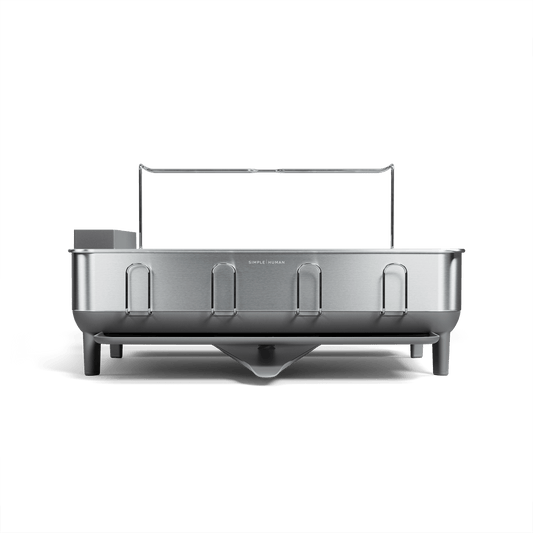 Simplehuman Brushed Stainless Steel Steel Frame Dishrack, showing cup holders and center pivot drainage spout.