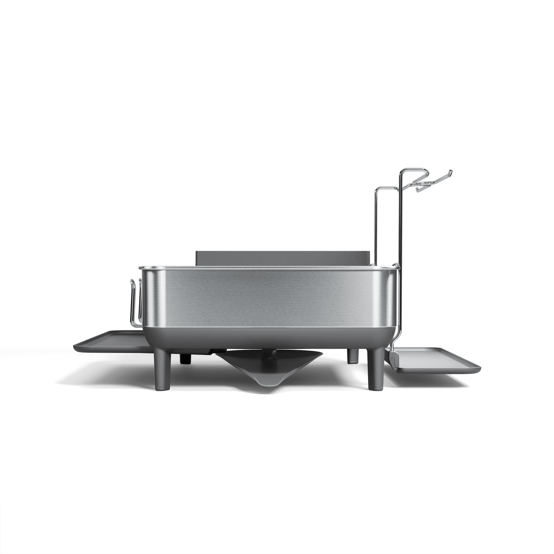 Simplehuman Brushed Stainless Steel Steel Frame Dishrack, side view showing pivoting spout and integrated cup holders.