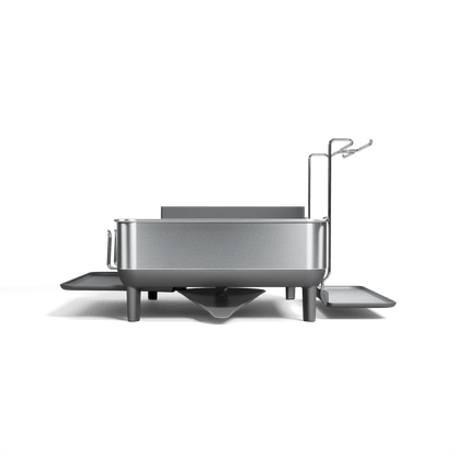 Simplehuman Brushed Stainless Steel Steel Frame Dishrack, side view showing pivoting spout and integrated cup holders.