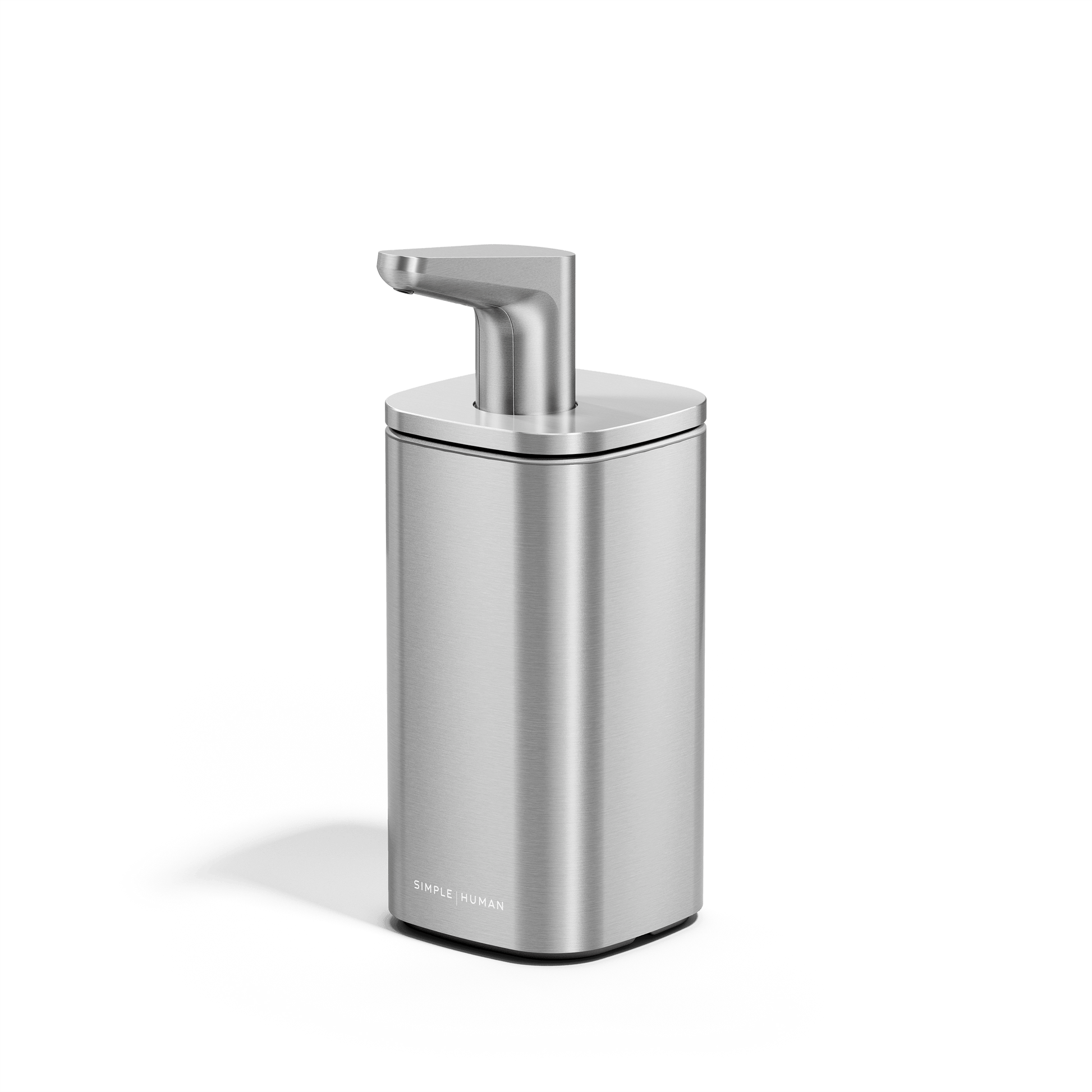 Angled view of Simplehuman 10 oz. Pulse Pump in Brushed Stainless Steel with precise, square design.