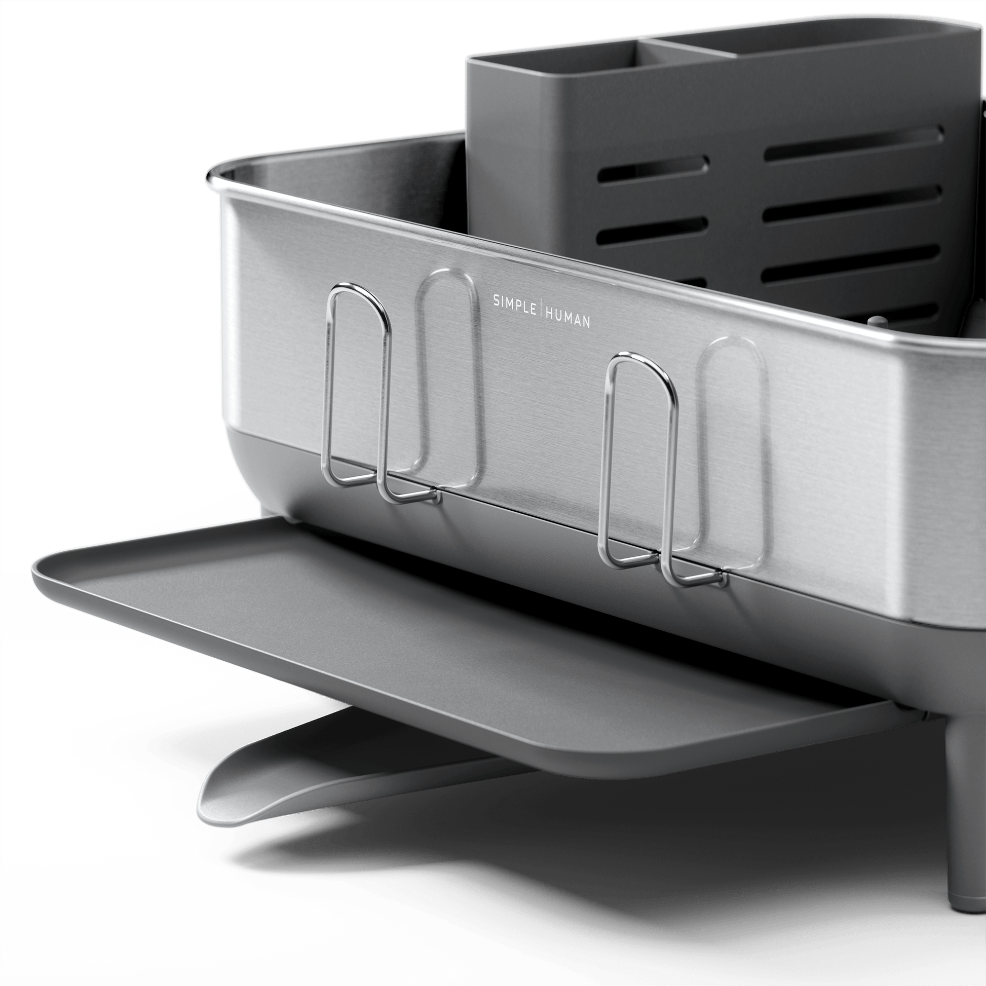 Detail view of Simplehuman Compact Steel Frame Dishrack in Brushed Stainless Steel, showing adjustable drainage and cup racks.