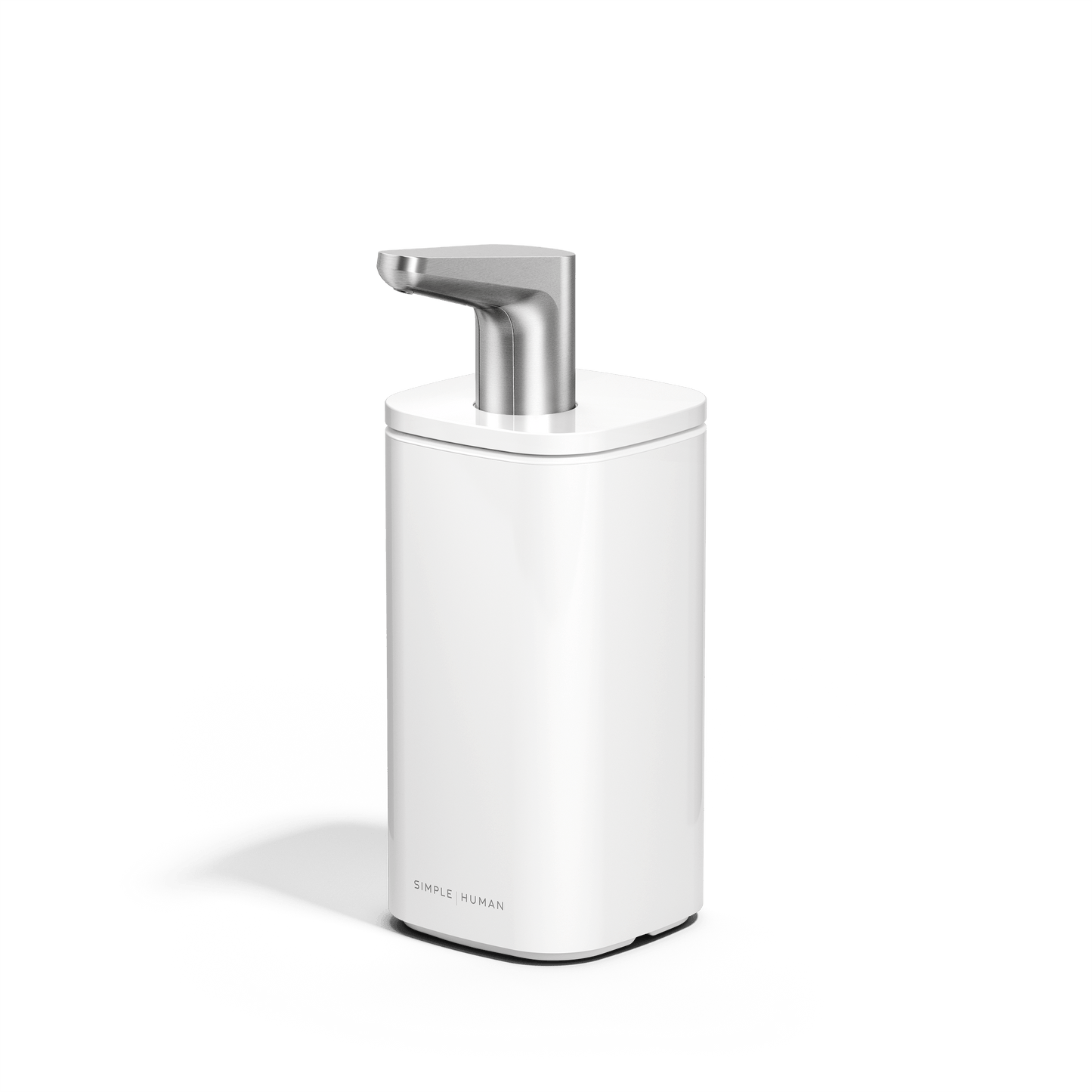 Front angled view of Simplehuman 10 oz. Pulse Pump in White with polished stainless steel ergonomic spout.