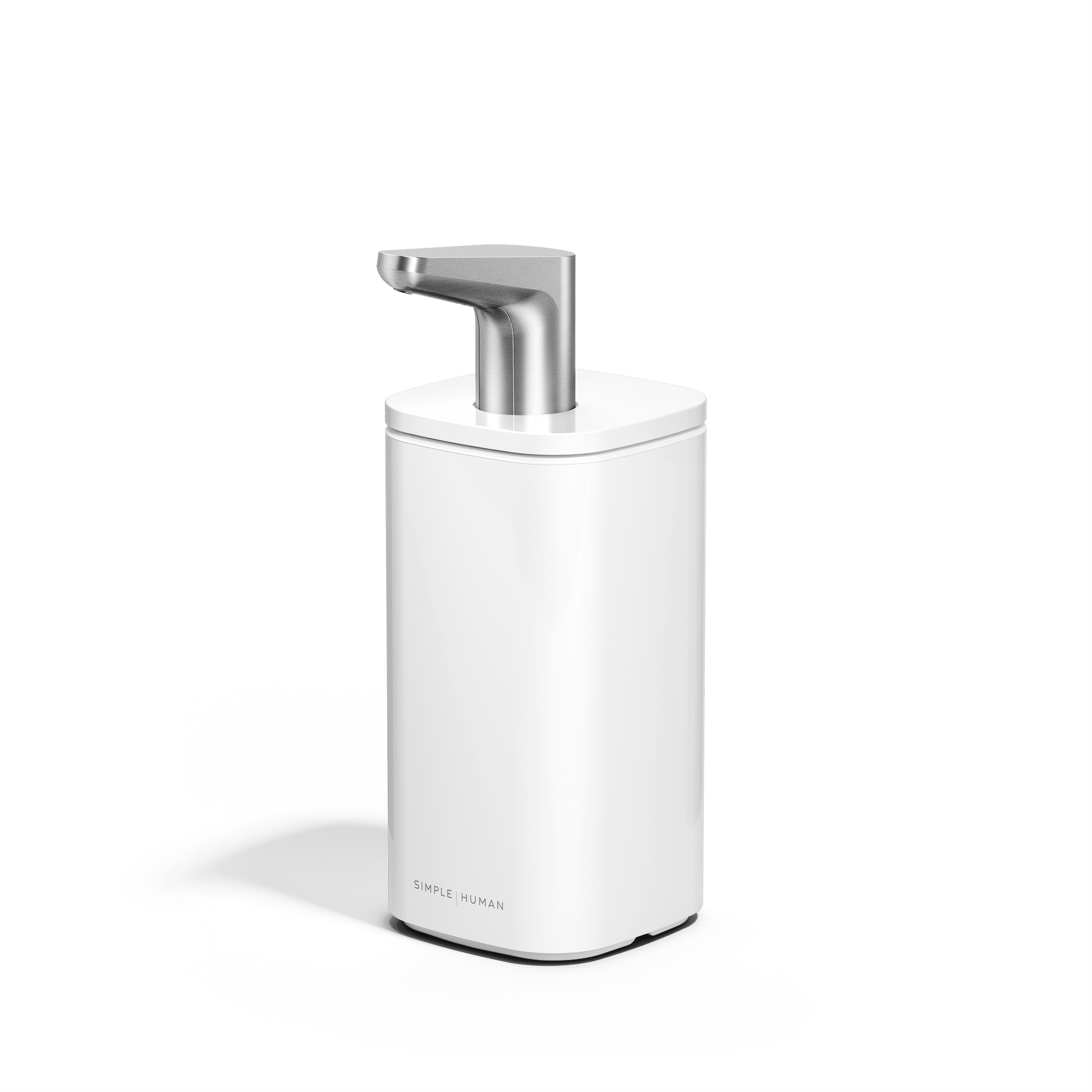 Front angled view of Simplehuman 10 oz. Pulse Pump in White with polished stainless steel ergonomic spout.