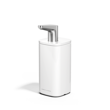 Front angled view of Simplehuman 10 oz. Pulse Pump in White with polished stainless steel ergonomic spout.