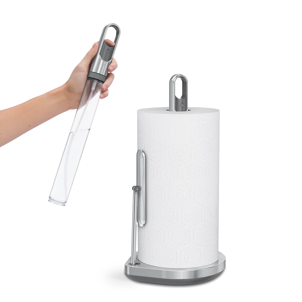 Simplehuman Brushed Stainless Steel Paper Towel Holder, showing hand removing the clear spray bottle handle.