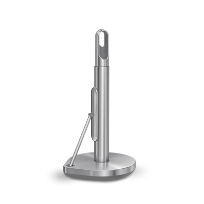 Angled view of Simplehuman Brushed Stainless Steel Paper Towel Holder, showing quick-tear spring arm and spray handle