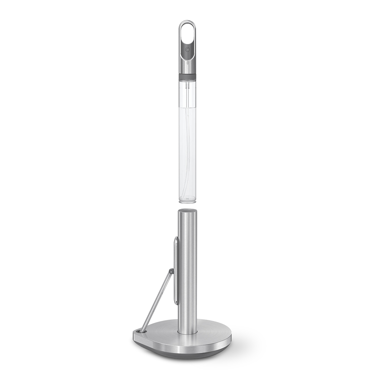 Detail view of Simplehuman Brushed Stainless Steel Paper Towel Holder post and clear removable spray bottle.