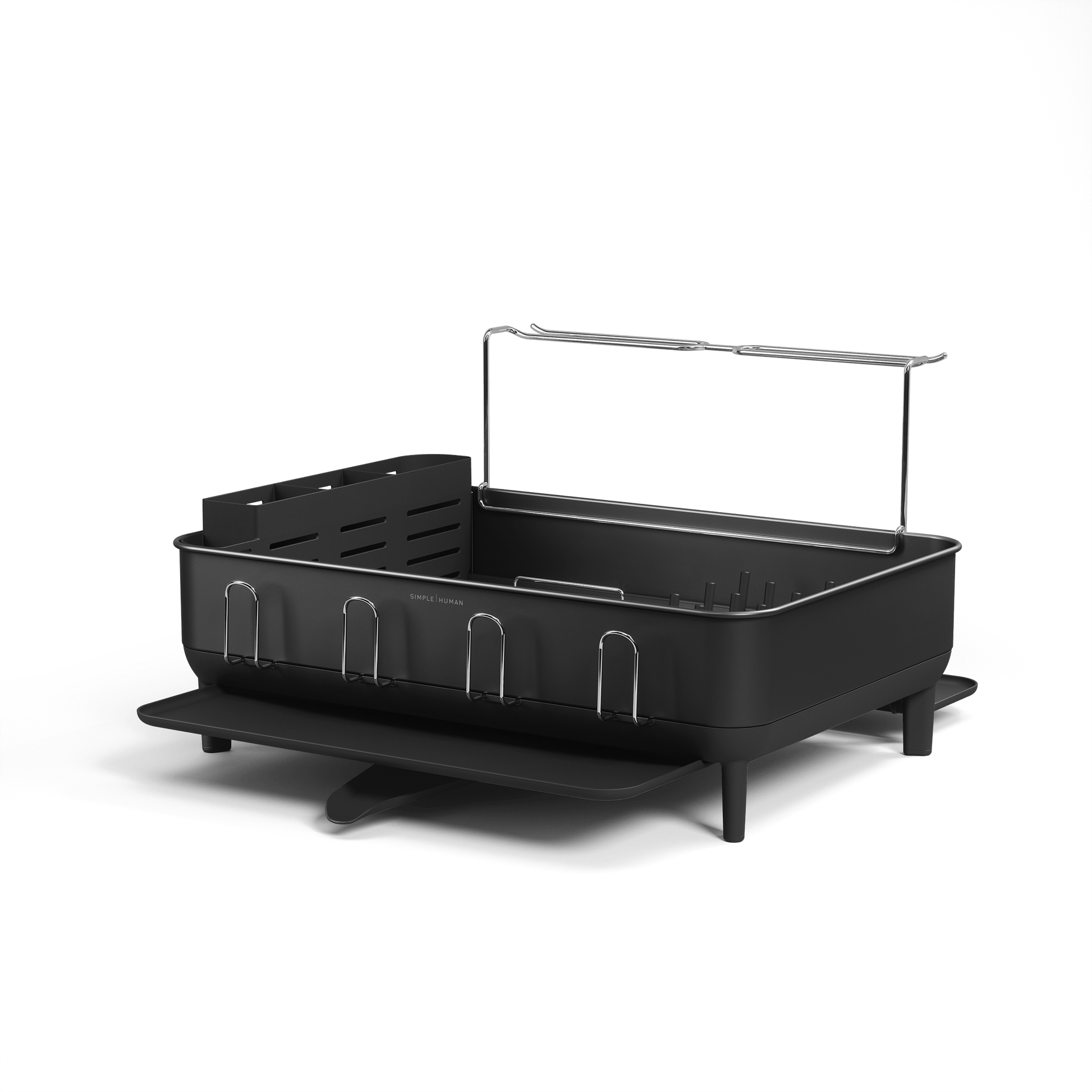 Simplehuman Matte Black Steel Frame Dishrack, angled view showing utensil caddy with knife block and pivoting drain spout.