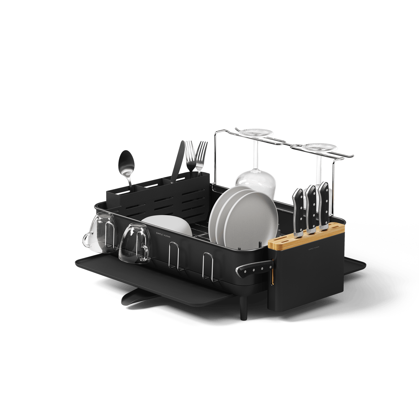 Studio view of Simplehuman Matte Black Dishrack, displaying modular wine glass rack, removable knife block, and utensil caddy.