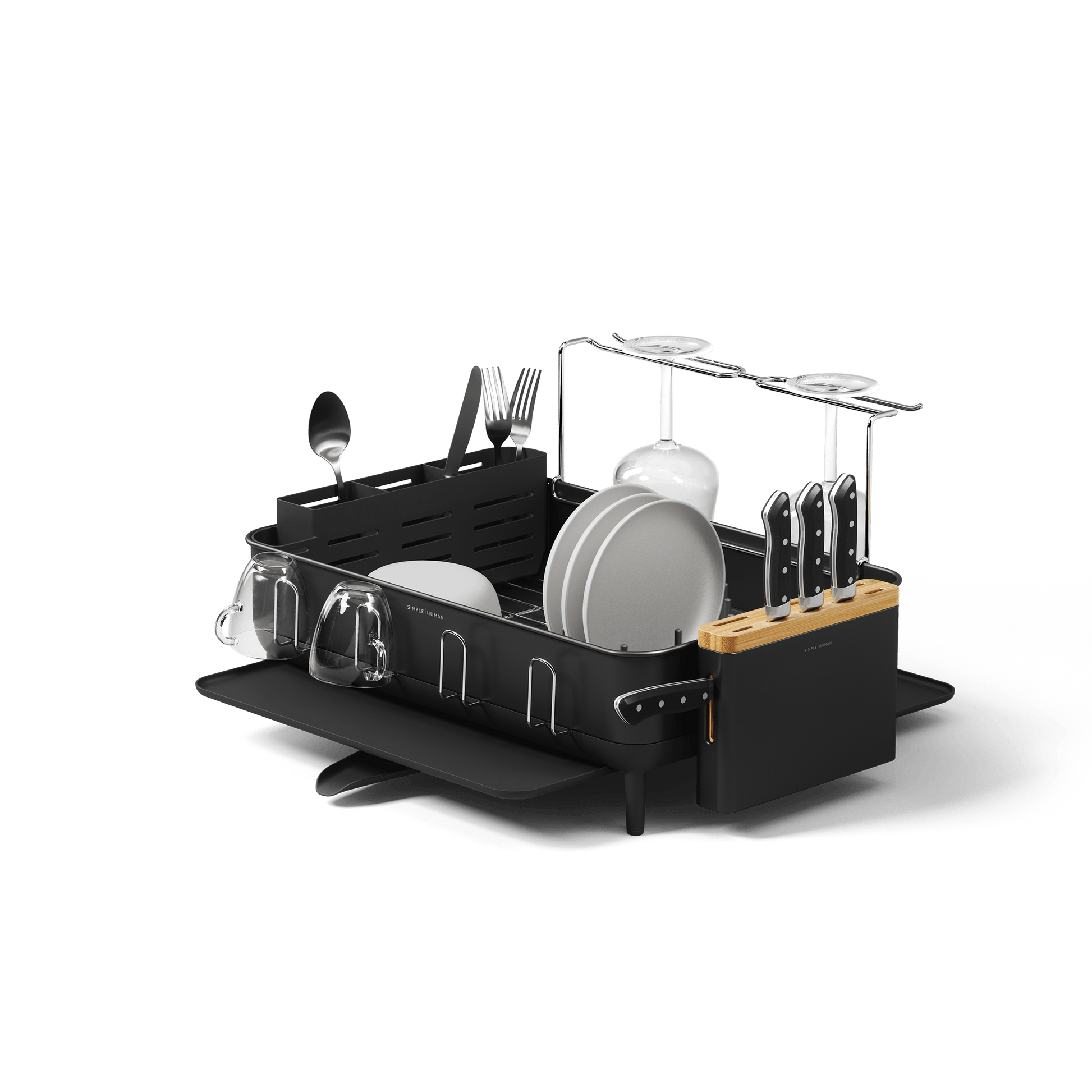 Studio view of Simplehuman Matte Black Dishrack, displaying modular wine glass rack, removable knife block, and utensil caddy.