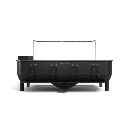 Simplehuman Matte Black Steel Frame Dishrack, front view with integrated cup holders and central drain spout.