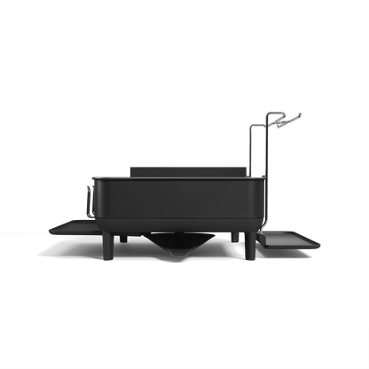 Simplehuman Matte Black Steel Frame Dishrack, side view detailing the pivoting drainage spout and integrated cup rack.
