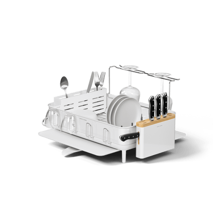 Simplehuman White Steel Frame Dishrack, angled studio view displaying knife block insert, cup hooks, and wine glass rack.