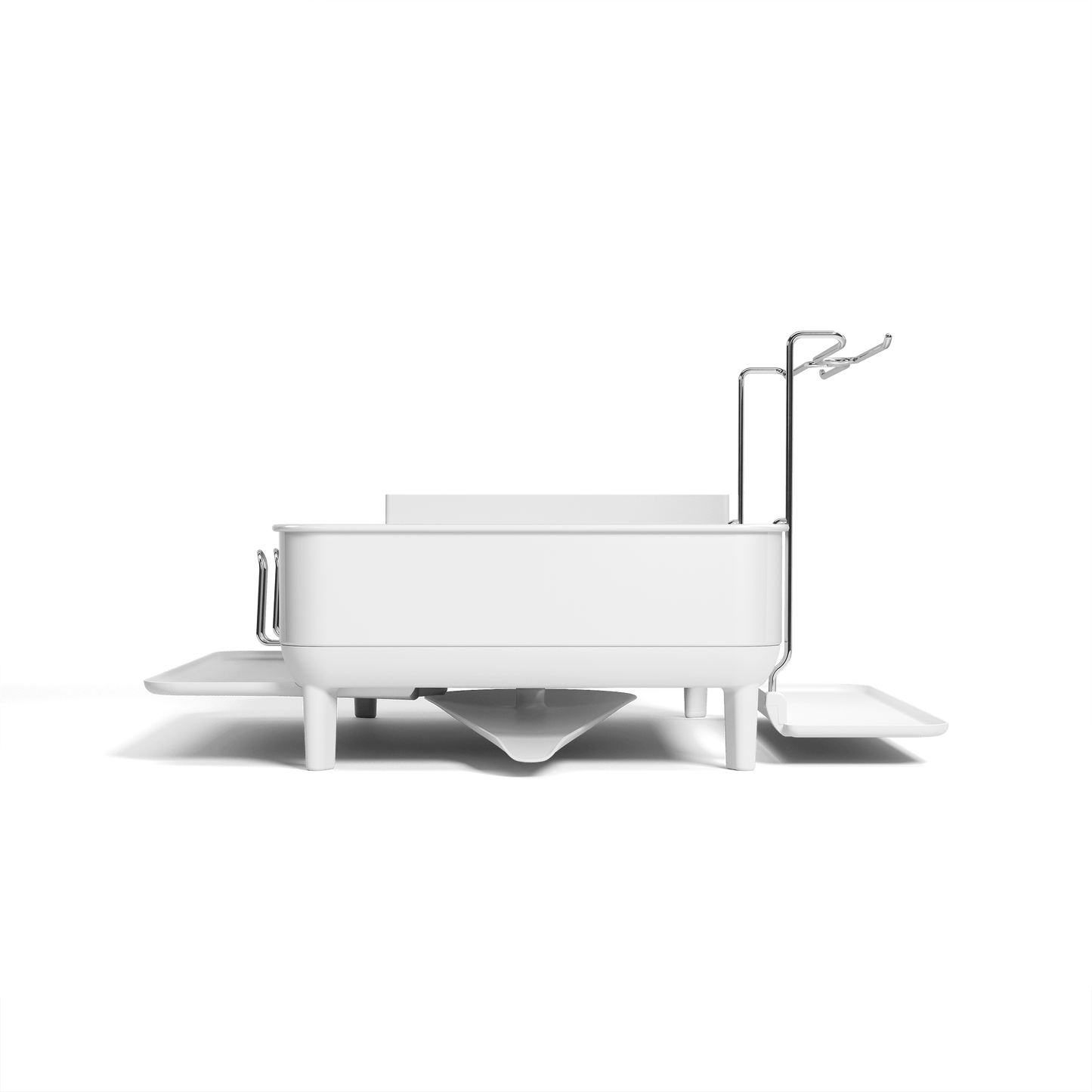 Side view of Simplehuman White Steel Frame Dishrack featuring the integrated stainless steel cup rack and central pivoting drain spout.