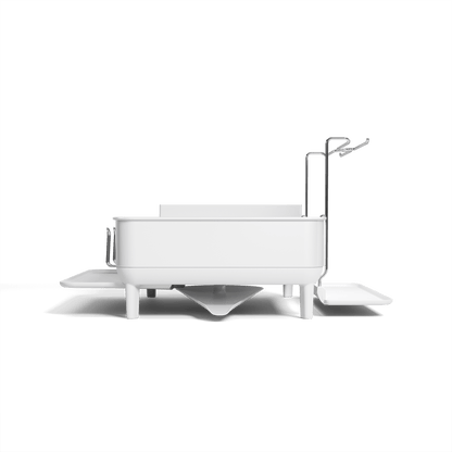 Side view of Simplehuman White Steel Frame Dishrack featuring the integrated stainless steel cup rack and central pivoting drain spout.