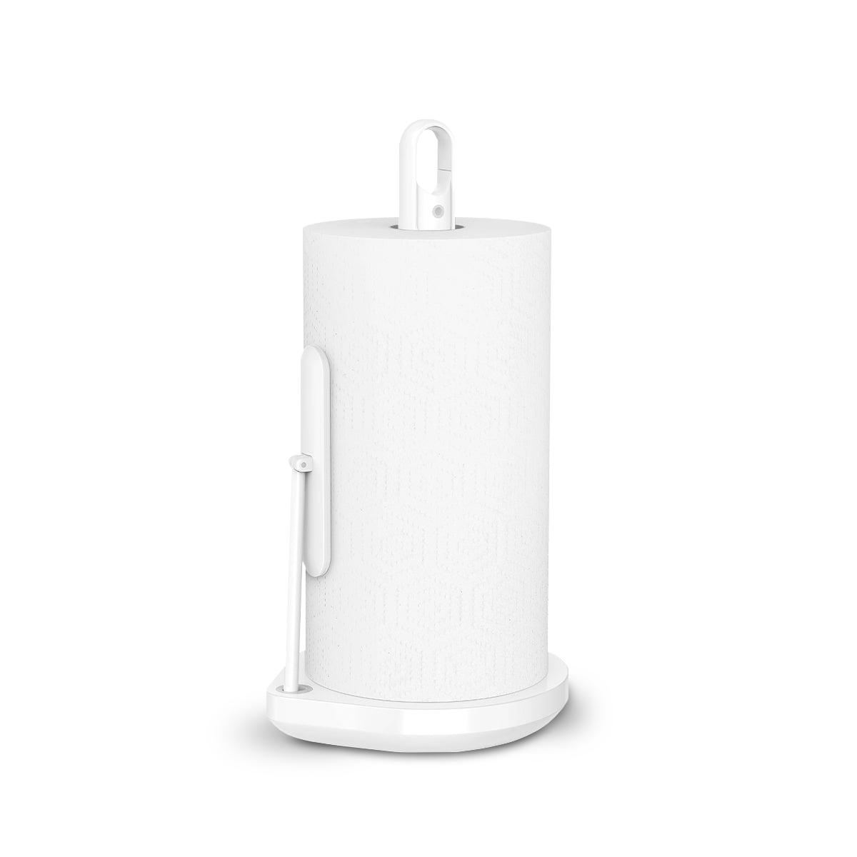 Angled view of Simplehuman White Paper Towel Holder, showing quick-tear arm and removable spray handle.