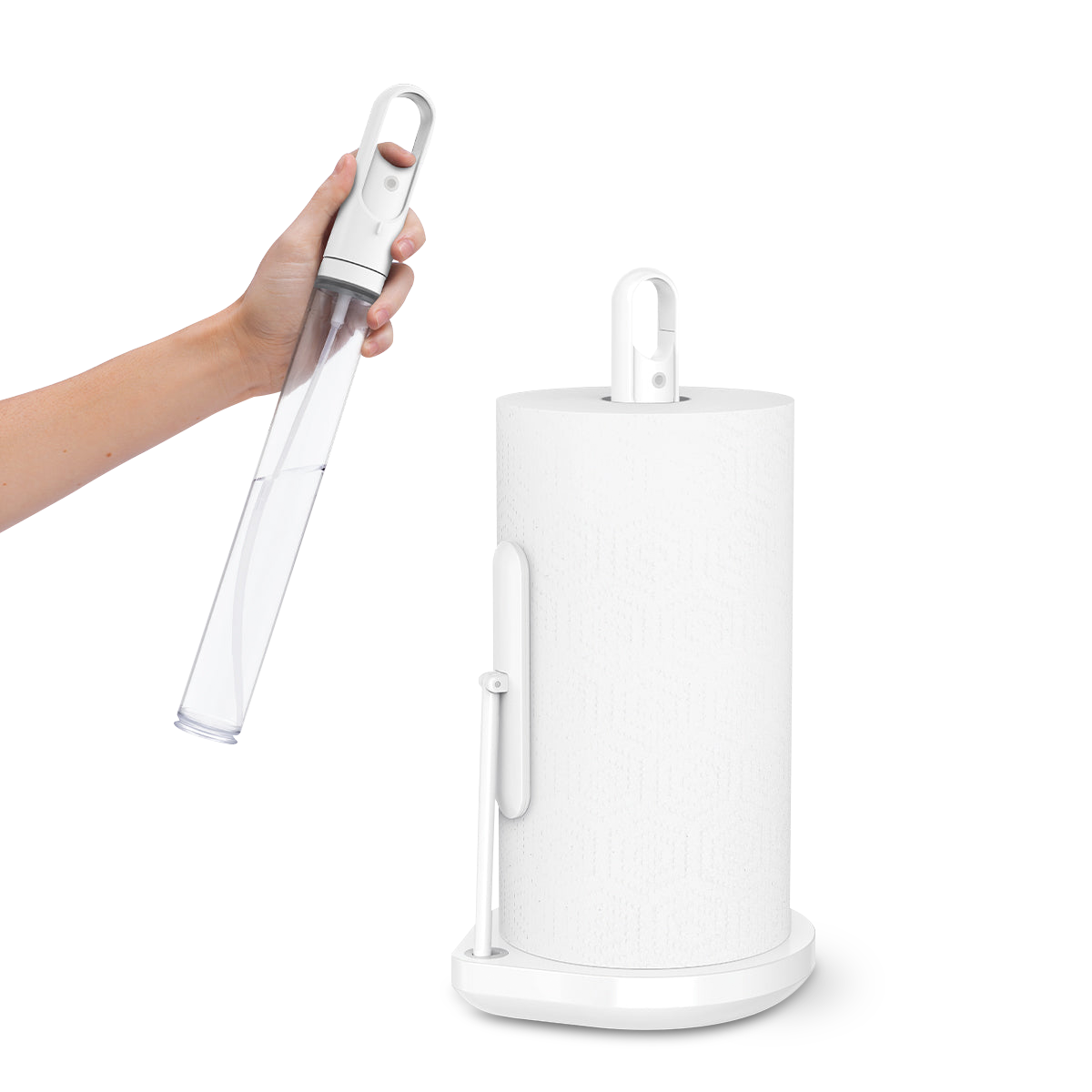 Simplehuman White Paper Towel Holder, hand removing clear spray handle, 2-in-1 quick cleaning solution.