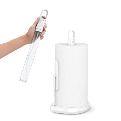 Simplehuman White Paper Towel Holder, hand removing clear spray handle, 2-in-1 quick cleaning solution.
