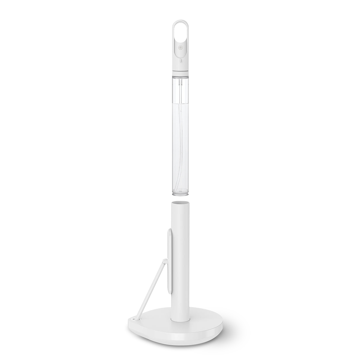 Front view of Simplehuman White Paper Towel Holder with removable spray bottle detached, 2-in-1 design.