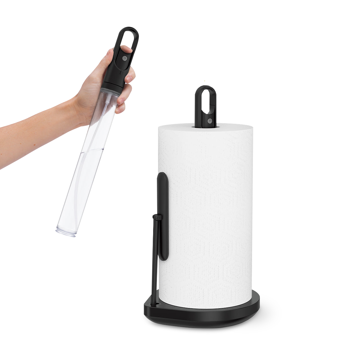 Action view of Simplehuman Matte Black Paper Towel Holder showing the removable spray handle being lifted out.