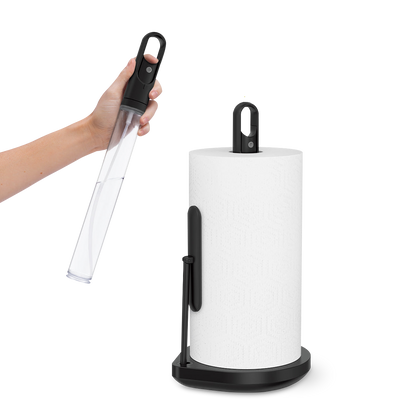 Action view of Simplehuman Matte Black Paper Towel Holder showing the removable spray handle being lifted out.