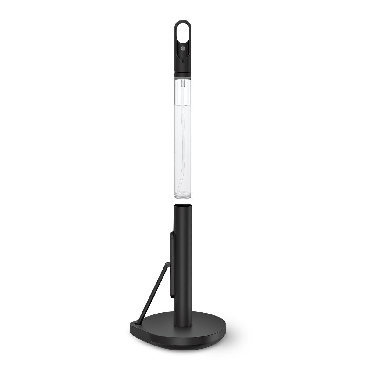 Front view of Simplehuman Matte Black Paper Towel Holder, showing spray bottle stored in post for 2-in-1 use.