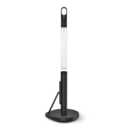 Front view of Simplehuman Matte Black Paper Towel Holder, showing spray bottle stored in post for 2-in-1 use.